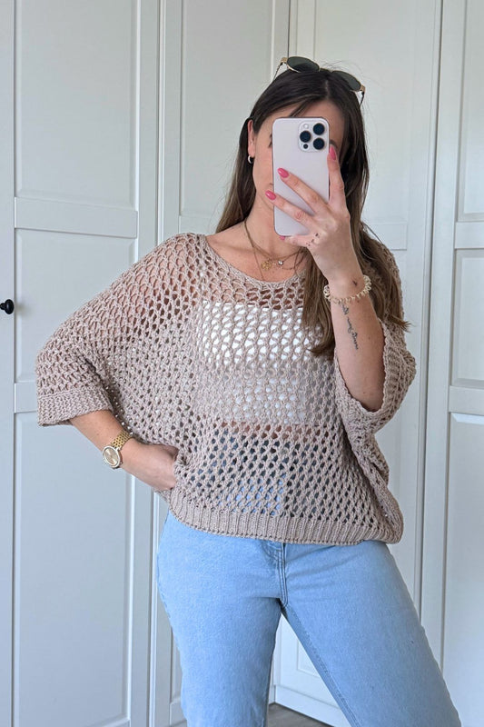 OVERSIZED HÄCKELPULLOVER  „BOHO BREEZE" TAUPE
