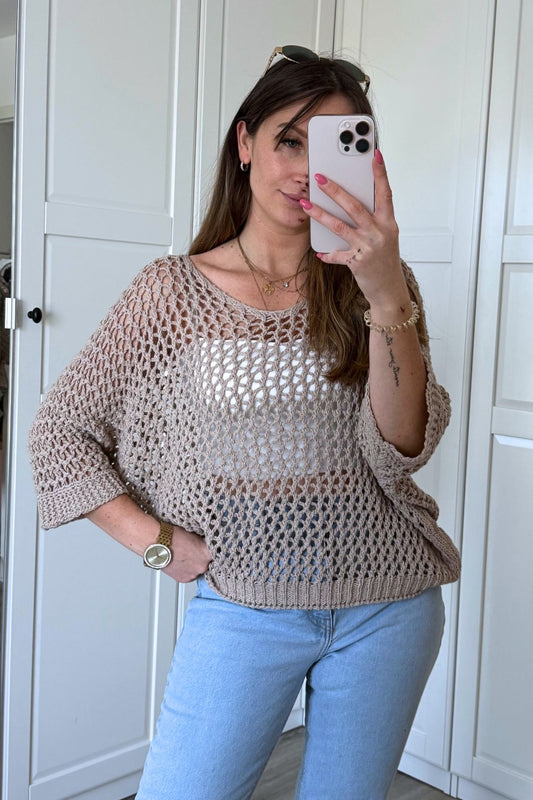 OVERSIZED HÄCKELPULLOVER  „BOHO BREEZE" TAUPE